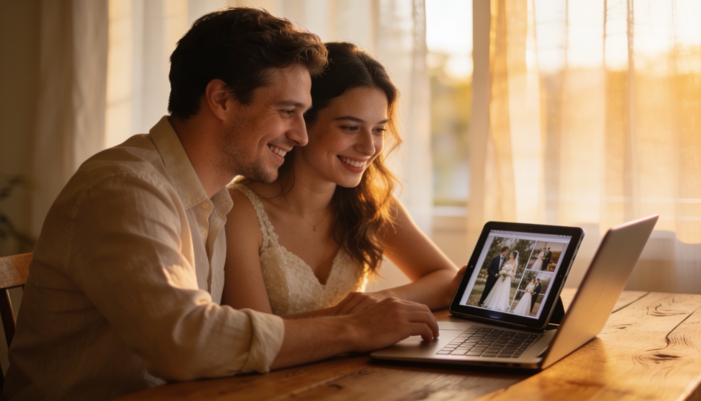 Fotógrafo entregando una galería de fotos a sus clientes