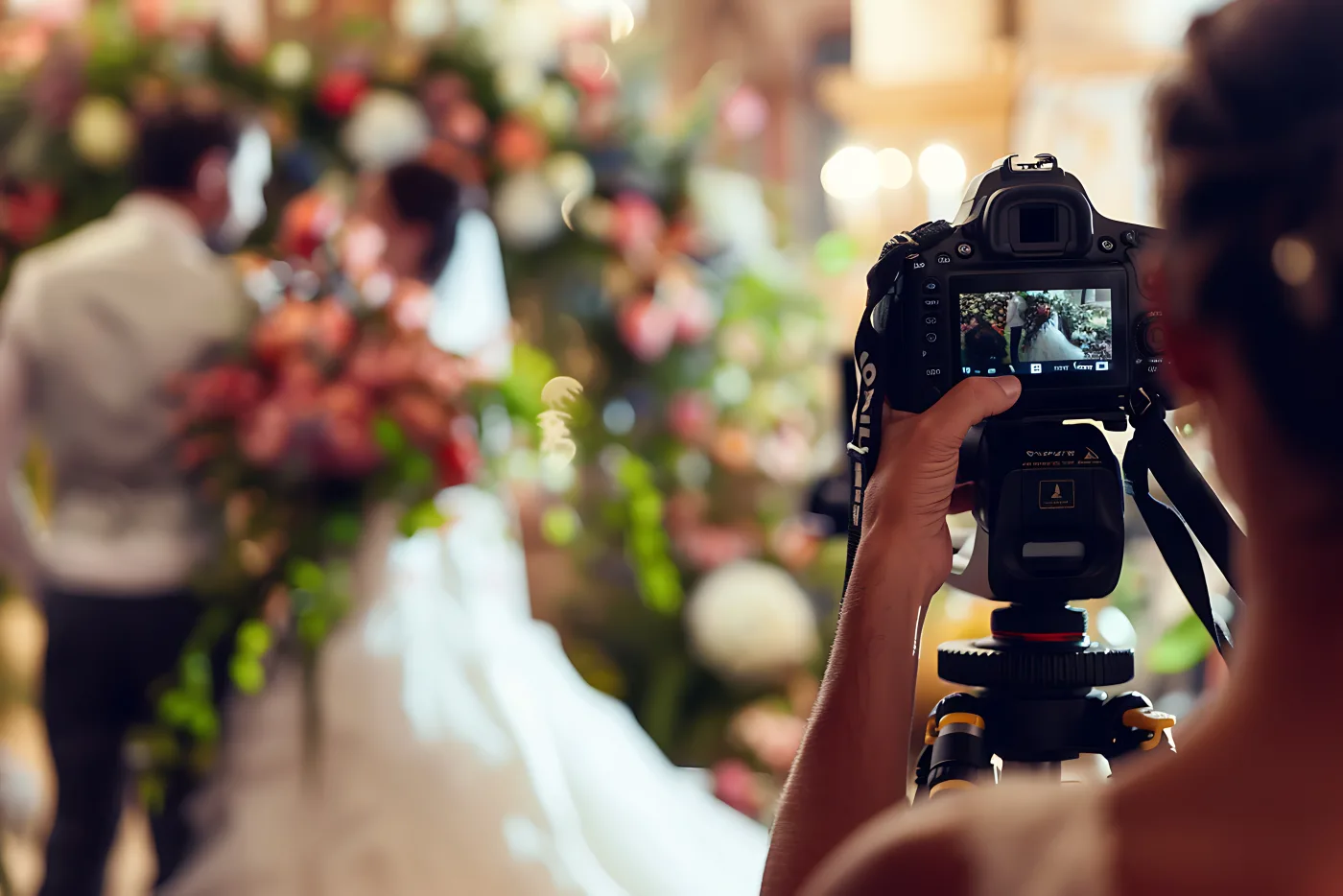 Fotógrafo capturando una boda con la cámara sobre un trípode
